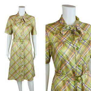 Vintage 70s Pastel Dress Women's Medium Lime Purple Striped Ascot Necktie